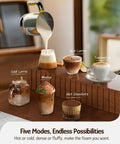Detachable Milk Frother With Four Temperature Settings Delivers Barista Style Foam For Hot Or Cold Drinks Five In One Frothing And Heating Options Dishwasher Safe 400ml Perfect For Latte Cappuccino Hot Chocolate pouring milk into glasses labeled Hot Latte, Cold Latte, Mocha, Cappuccino, Hot Chocolate.