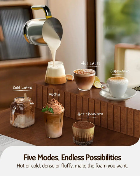 Detachable Milk Frother With Four Temperature Settings Delivers Barista Style Foam For Hot Or Cold Drinks Five In One Frothing And Heating Options Dishwasher Safe 400ml Perfect For Latte Cappuccino Hot Chocolate pouring milk into glasses labeled Hot Latte, Cold Latte, Mocha, Cappuccino, Hot Chocolate.