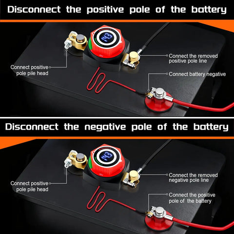 Upgraded Battery Disconnect Switch With Bright Digital Voltage Meter And Tailgate Ready Kill Isolator For Auto Rv Truck Marine Negative Terminal Battery Shield showing installation instructions.