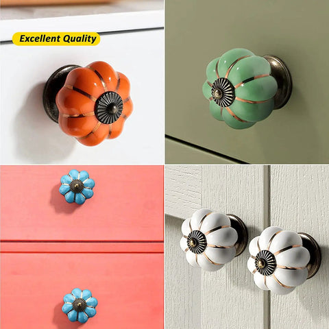 Hand Painted Red Ceramic Pumpkin Cabinet Knobs Set Of Four With Steel Screws For Kitchen Drawers And Vanities showing various colors and designs.