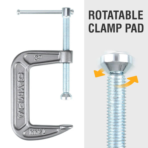 Heavy Duty Cast Iron C Clamps Set For Woodworking And Metalworking, 3 Inch Jaw Opening with rotatable clamp pad, steel construction.