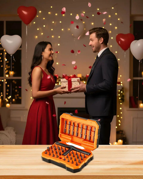 42 In 1 Magnetic Screwdriver Kit With Ratchet T Handle And Full Multi Bit Set on table, romantic couple exchanging gift
