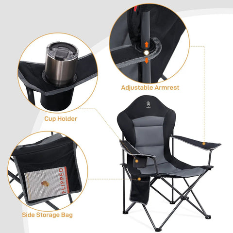 Oversized Folding Camping Chair With High Back Padded Comfort features cup holder, adjustable armrest, and side storage bag.