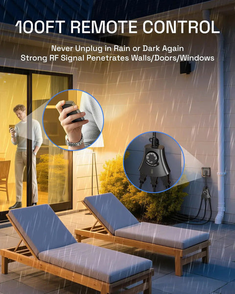 Weatherproof Remote Control Outlet With Dusk Till Dawn Photocell Timer And Three Grounded Plugs For Patio Lights under rainfall.