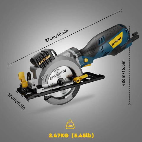 Beast Mini Circular Saw With 5.8 Amp Motor, 4-1/2 Inch Blade Kit shown with dimensions and laser guide