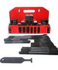 58 Piece Clamping Kit For Five Eighth Inch T Slot Systems with mountable red storage tray, nuts, blocks, and varied length studs.