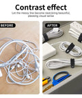 Before and after of 25 Pack Reusable Silicone Cable Ties Ultra Flexible Cord Wraps For Electrical Cords Phone Chargers Earphones USB.