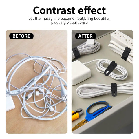 Before and after of 25 Pack Reusable Silicone Cable Ties Ultra Flexible Cord Wraps For Electrical Cords Phone Chargers Earphones USB.