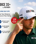Golfer using 3S Plus Talking Golf GPS Rangefinder With Clip On Hat Mount Slope On Off Audible Yardage for 40,000 courses