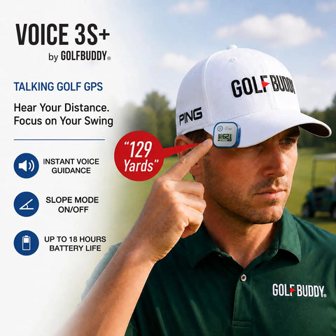 Golfer using 3S Plus Talking Golf GPS Rangefinder With Clip On Hat Mount Slope On Off Audible Yardage for 40,000 courses