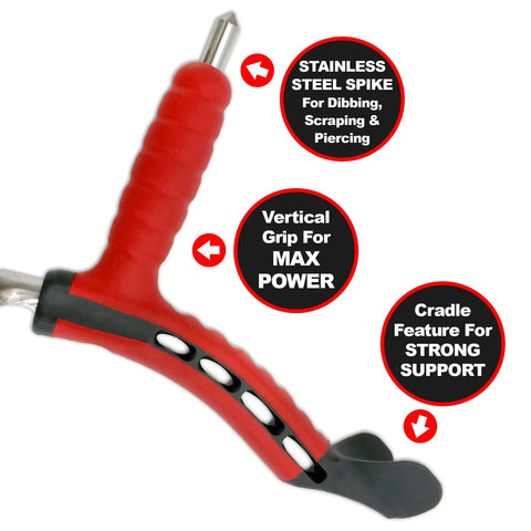 Close-up of the Dual Grip Garden Hand Fork Cultivator And Weeder with vertical grip and stainless steel spike for easy digging and weeding.