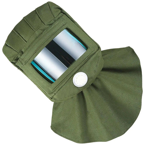 Heavy Duty Sandblasting Hood with Curved PC Lens and Thickened Canvas Shawl Cover, green, for full face neck shoulder protection.