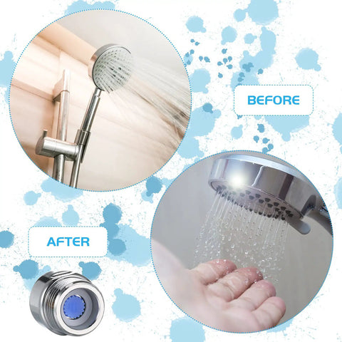 Image showing the Shower Flow Reducer Set With Half Inch Valve And Six Flow Restrictors installed on shower heads