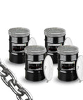 Four black barrels with chains for Heavy Duty Workhorse 3/8 Inch G30 High Test Steel Chain Built Tough For Real World Hauling And Marine Tasks With 2650 Pound Load Rating And Corrosion Resistant Finish For Towing Winching Jobs.