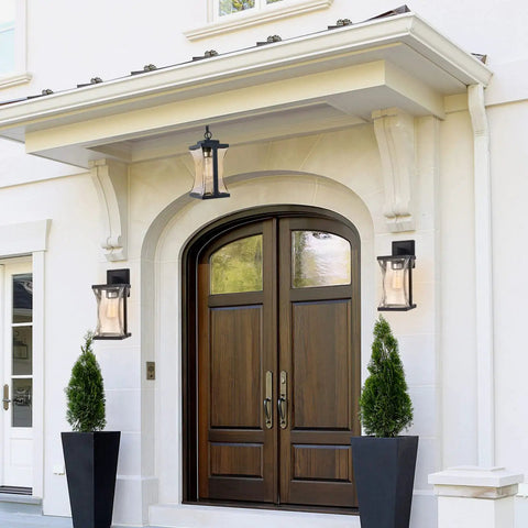 Outdoor Pendant Light Fixture For Porch And Front Door With Adjustable Chain And Air Bubble Glass Matte Black