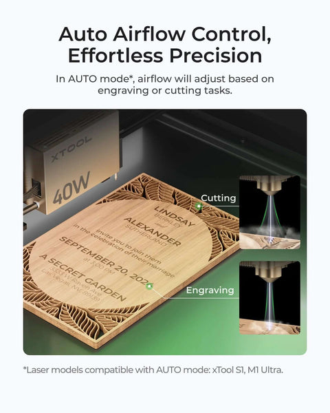 xTool Air-Compress Assist for laser cutter; 40W laser module shown engraving wood.