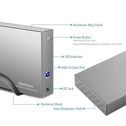 Beefy Aluminum 3.5 Inch Hard Drive Enclosure With Hassle Free USB 3.0 To Sata Docking, showing power button and USB port.