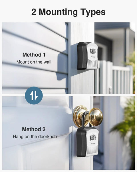 4-Digit Resettable Key Lock Box, Wall Mounted Key Safe for Home, Apartment, or Office, shown with dual mounting options