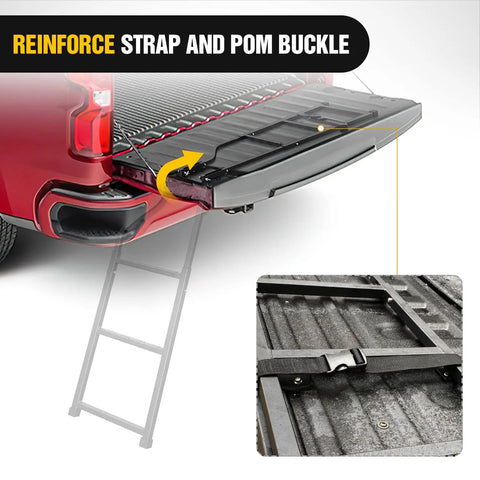 Foldable Truck Tailgate Ladder With Step Grip Plates For Pickup Trucks, Extendable Up To 42 Inches, shown mounted on tailgate