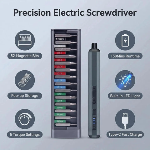 Compact Pen Shaped Cordless Electric Screwdriver Kit Packing 52 Magnetic Bits And Bright LED Lamp and storage features.