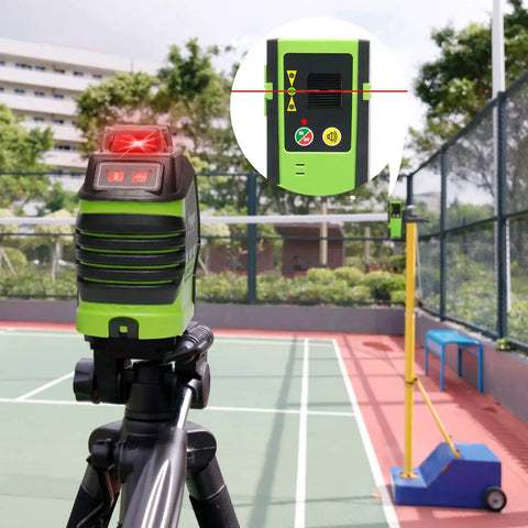 Self Leveling Laser Level With 360 Degree Horizontal Cross Line And Two Plumb Dots in outdoor setup on tripod
