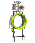 Heavy Duty Garden Hose Holder With Dual Side Hooks And Freestanding Shepherd Hook For Outdoors, holds hose and accessories.