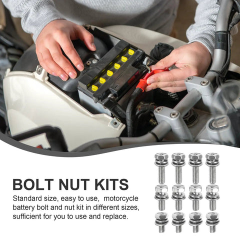 Hands installing a bike battery using 18 Piece Stainless Steel Hex Bolts And Nuts Set With Washers For Bike Battery Terminals M6 12 16 20mm Compatible With Dirt Bikes ATVs And Automotive Maintenance.