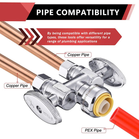 50-Piece Push-Fit One-Half Inch to Dual Three-Eighths Inch OD Compression Straight Stop Valve Set for Potable Water, One-Quarter Turn with Disconnect Clip Tool, Fits Copper PEX CPVC PE-RT, Lead-Free, Max 200 PSI. Copper and PEX pipe compatibility shown.