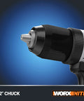 Close-up of the Nitro 20V Cordless Drill Driver With Brushless Motor Ultra Compact And Lightweight Only Six Inches Long And About Three Pounds Power Share Compatible Tool Only Half Inch Chuck Delivers Up To Five Hundred Inch Pounds Of Torque And Zero To Two Thousand One, focusing on the 1/2 inch chuck.