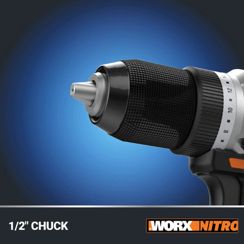 Close-up of the Nitro 20V Cordless Drill Driver With Brushless Motor Ultra Compact And Lightweight Only Six Inches Long And About Three Pounds Power Share Compatible Tool Only Half Inch Chuck Delivers Up To Five Hundred Inch Pounds Of Torque And Zero To Two Thousand One, focusing on the 1/2 inch chuck.