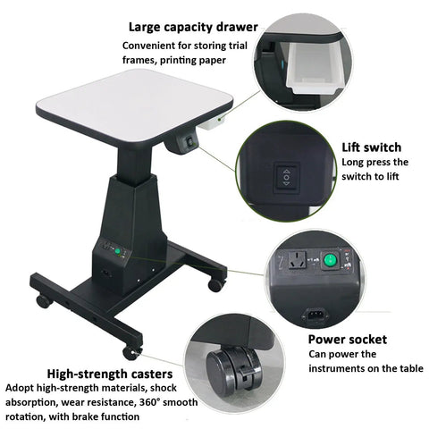 Professional Electric Optometry Lift Table With Motorized Height Adjustment and Smooth One-Button Control For Eyeglass Shops featuring large drawer and lift switch.