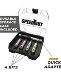 Damaged Screw And Bolt Extractor Set For Removing Stripped Screws And Stubborn Bolts Heavy Duty Black Tool Kit in open case.
