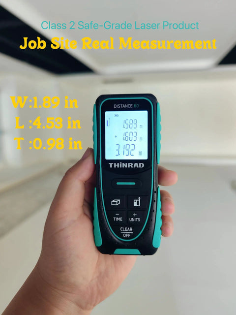 Dead On Accurate Six In One Laser Distance Meter Sixty Foot Range in hand showing measurement display and buttons.