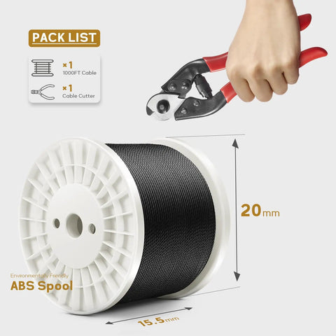 1000 Ft One Eighth Inch T316 Black Stainless Steel Cable For Deck Railing Kit And DIY Balustrades With Cutter Aircraft Wire Rope 7x7 Construction Black Finish For Easy Install And Low Visibility Rails shown with cutter and ABS spool dimensions