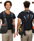 Heavy Duty Carpenter Tool Vest With Thick Top Grain Buffalo Leather And Twenty Ounce Waxed Canvas shown in front and back views with tools.