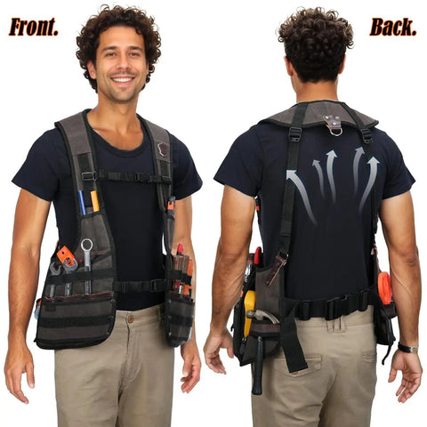 Heavy Duty Carpenter Tool Vest With Thick Top Grain Buffalo Leather And Twenty Ounce Waxed Canvas shown in front and back views with tools.