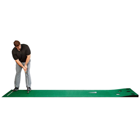 Man using Odyssey 10 Foot Indoor Putting Green Mat For Home Or Office Practice With Realistic Surface And Extended Length