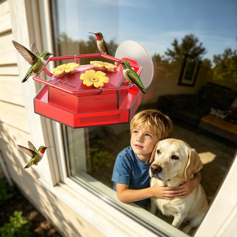 Two Pack Window Hummingbird Feeder With Super Sturdy Suction Cups And Built In Ant Moat attached to window with birds