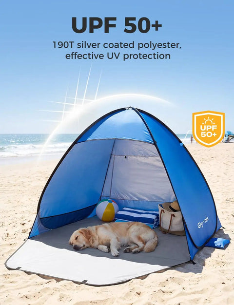 Pop Up Beach Tent Instant Portable Sun Shade Shelter For 1 To 2 People UPF Fifty Plus Protection on beach with dog inside
