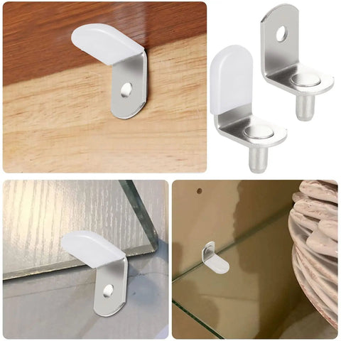 No Sweat 100 Pack Cabinet Shelf Pins With Cushioned Sleeves And Adjustable L Shaped Pegs For Kitchen Bookcase Furniture Fixes And Quick Room Organization Hacks In Silver on wood and glass surfaces.