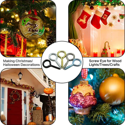 191 Piece Zinc Plated Screw Eyes Kit displayed with holiday decorations and DIY craft ideas for home decor and repairs.