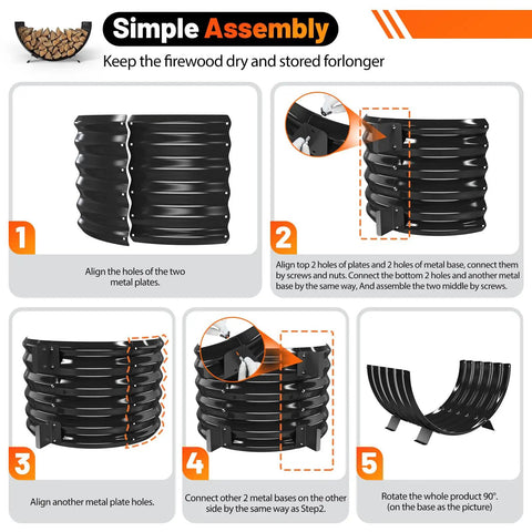 Step-by-step assembly of Go-To Rustproof Metal Firewood Rack for Outdoor Fire Pit and Indoor Fireplace.