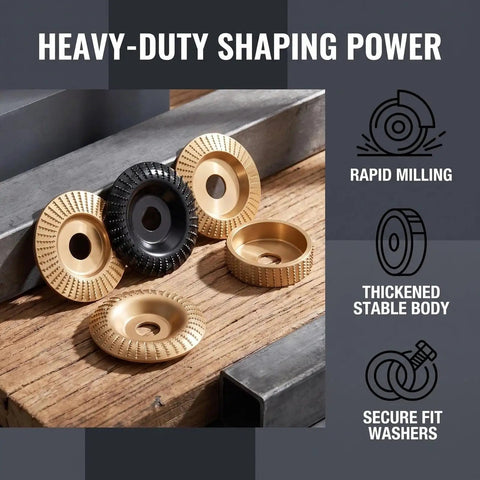 Beast Mode Wood Carving Disc Tools Set For Four And A Half Inch Angle Grinder With Hundreds Of Sharp Teeth Carbon Steel Construction For Rapid Wood Removal And Smooth Finishes Safer And More Durable Than Sanding Pads Polishing Pad Ready, gold and black discs