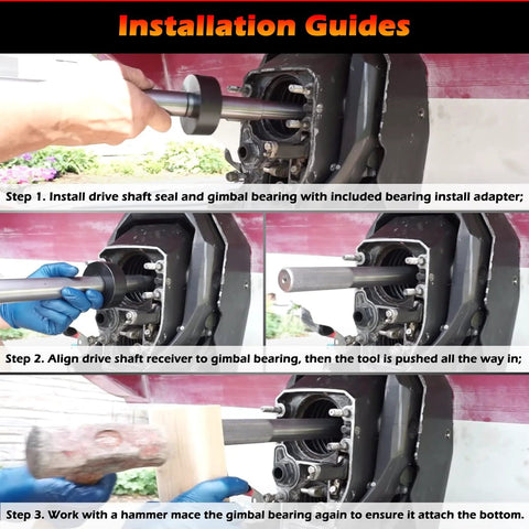 Gimbal bearing alignment and install kit for marine stern drive; heavy-duty engine alignment tools in use.