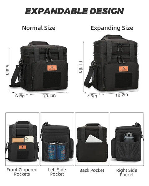 Expandable Large Tactical Lunch Box With Dual Insulated Compartments And Shoulder Strap, normal and expanded view, showing pockets