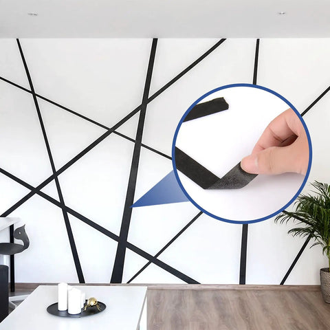 Black Painter Tape 1 Inch By 60 Yards creating geometric wall design, inset showing tape adhesion.