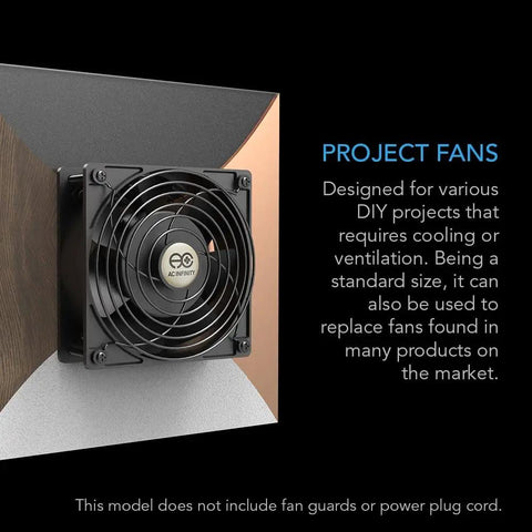 Beefy Muffin Fan 120V AC High Speed 120mm By 38mm for DIY cooling projects, shown installed in a panel, UL certified dual-bearing.