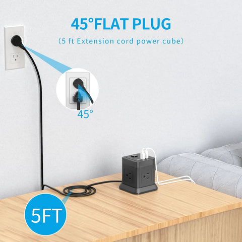 Flat Plug Power Strip With USB Ports, 4 AC Outlets And 3 USB Chargers, on desk showing 5 Ft extension cord in black