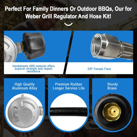 Hose And Regulator Kit Replacement For Gas Grill Upgrade with aluminum alloy regulator, rubber hose, brass connectors.