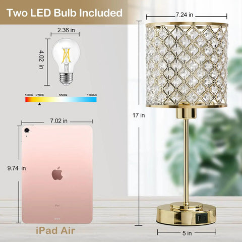 Dope Crystal Table Lamp With USB C And USB A Ports Touch Dimmer Bedside Lamp In Gold with included LED bulb and size chart.